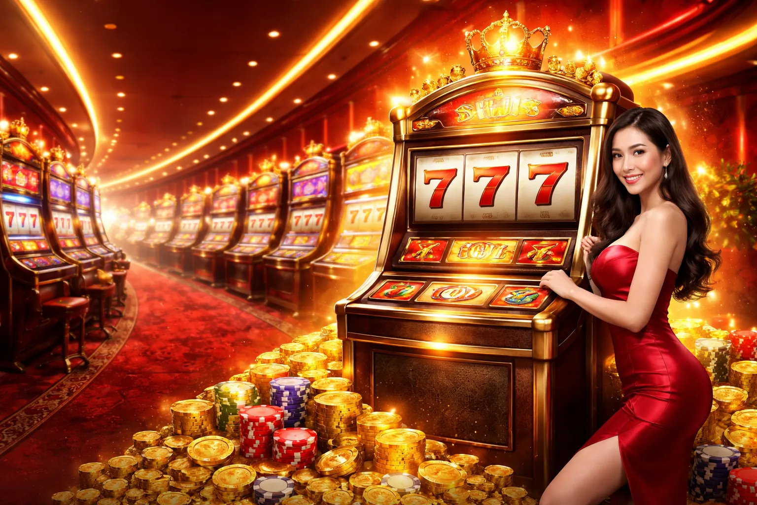 Hình ảnh chính của trang trò chơi slot fu88 game, với đồ họa rực rỡ của máy đánh bạc, biểu tượng tiền vàng và hiệu ứng ánh sáng lấp lánh, thể hiện sự phấn khích và cơ hội trúng jackpot